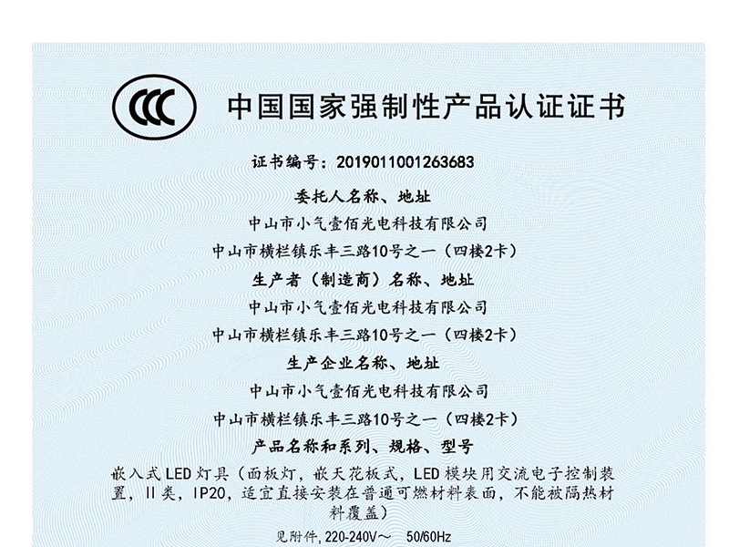 小气壹佰面板灯大功率CCC证书